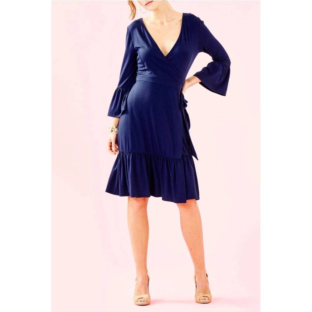 Lilly Pulitzer Misha Wrap Dress True Navy Blue Bell Sleeve Ruffle Hem XXS NEW